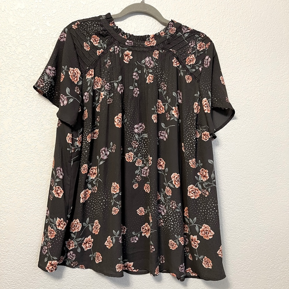 Torrid georgette dark gray floral with lace insert
